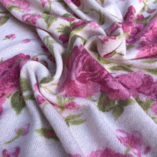 58" Rayon & Spandex  Stretch Blend Floral Flower Brushed Hatchi Low Gayge White, Pink, Green Apparel Jersey Knit Fabric By the Yard | APC Fabrics