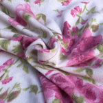 58" Rayon & Spandex  Stretch Blend Floral Flower Brushed Hatchi Low Gayge White, Pink, Green Apparel Jersey Knit Fabric By the Yard | APC Fabrics